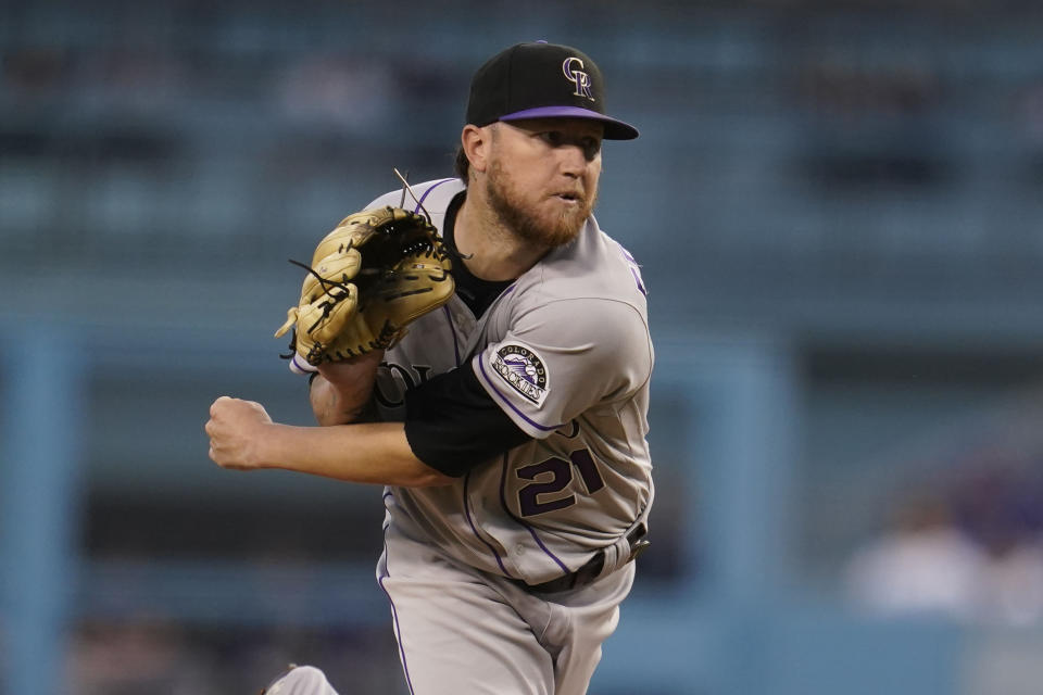 Colorado Rockies starting pitcher Kyle Freeland throws to a Los Angeles Dodgers batter during the first inning of a baseball game Saturday, Oct. 1, 2022, in Los Angeles. (AP Photo/Marcio Jose Sanchez)