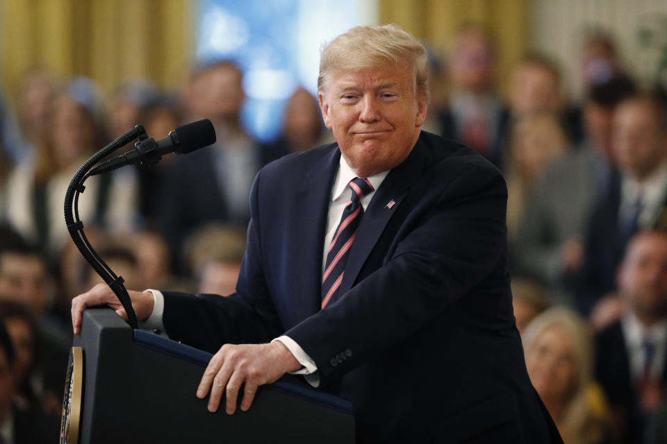 President Donald Trump pauses as he speaks in the East Room of the White House in Washington, Thursday, Feb. 6, 2020. (AP Photo/Patrick Semansky)