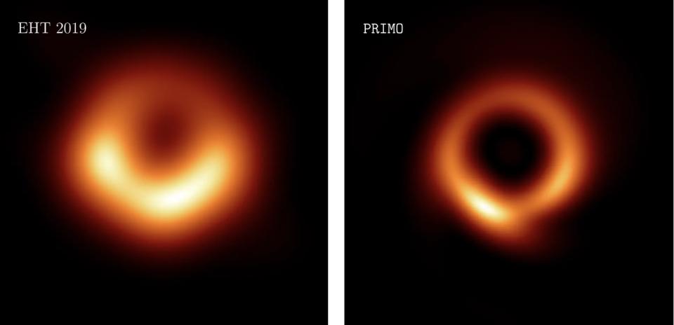 Eine künstliche Intelligenz ergänzte die Originalaufnahme eines schwarzen Lochs aus dem Jahr 2019. Wissenschaftler glauben, dass die KI-Version dem tatsächlichen Aussehen näher kommt. - Copyright: Lia Medeiros via The Associated Press