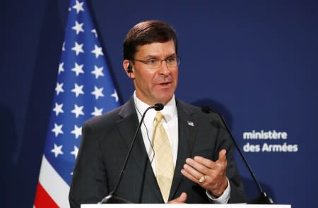 U.S. Defense Secretary Mark Esper holds a news conference with French Defense Minister Florence Parly at the residence of French Defense Minister in Paris