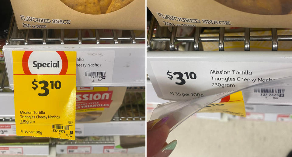 Coles customer shows error on specials tag in supermarket