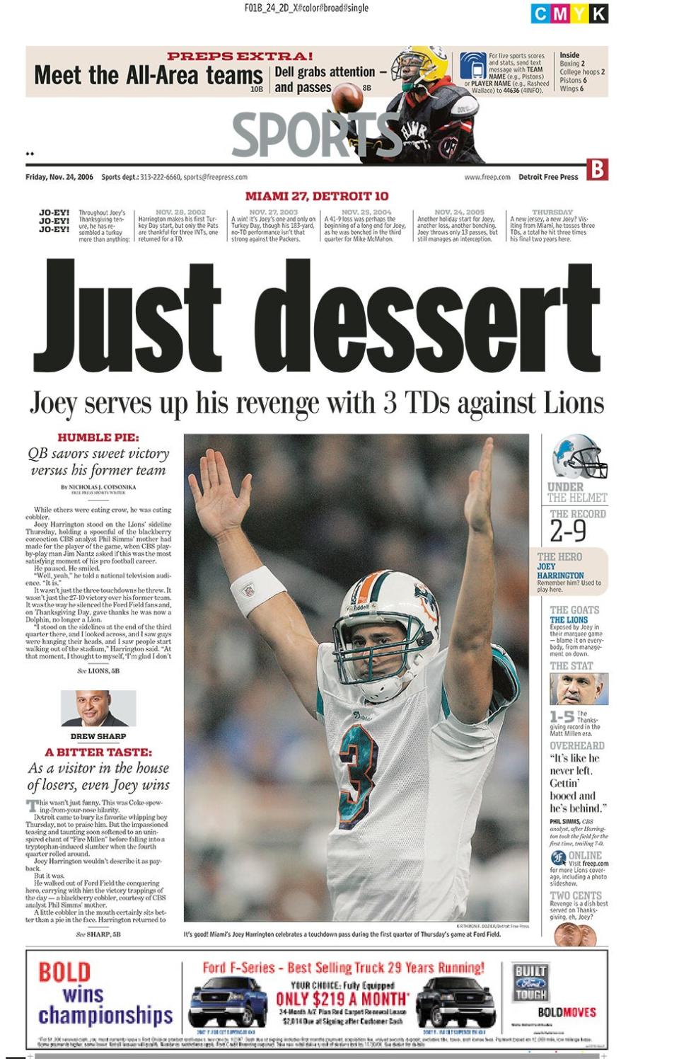 Detroit Free Press sports front page from 2006. The Detroit Lions lost Joey Harrington and the Miami Dolphins, 27-10.