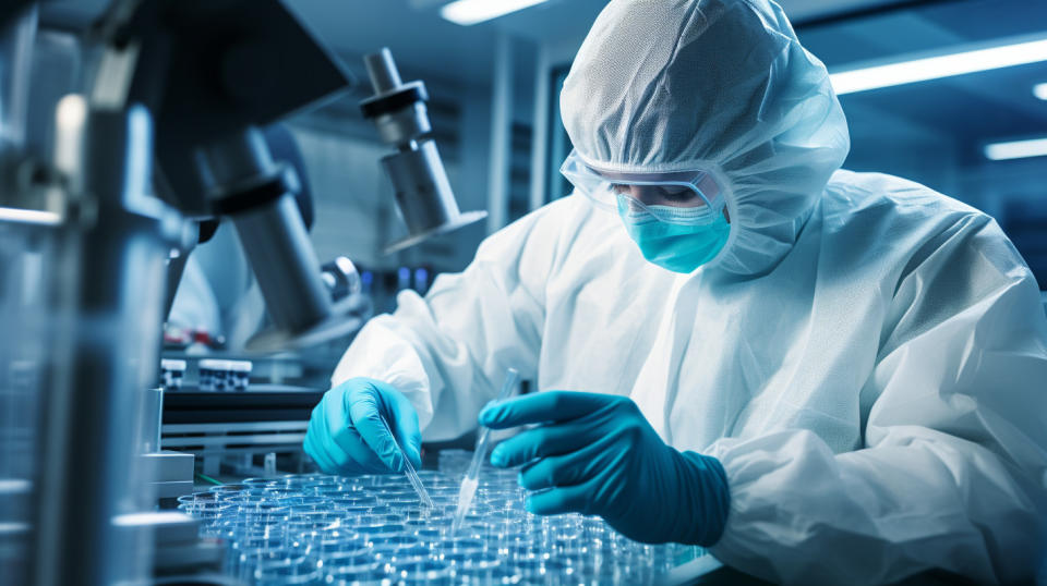 A close up of a lab technician in a protective suit, working with cells in a petri dish to develop innovative therapeutics for immune-related diseases.