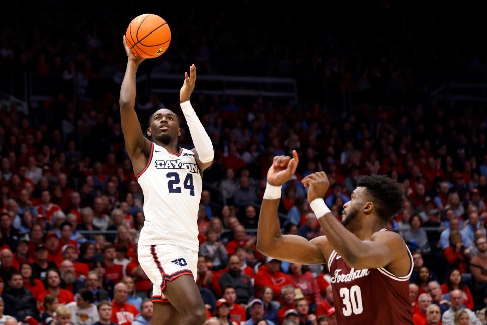 Guard Kobe Elvis (24) transferred from DePaul two years ago to join the Dayton Flyers. He is one of several transfers who have lifted the team to a 21-4 record.