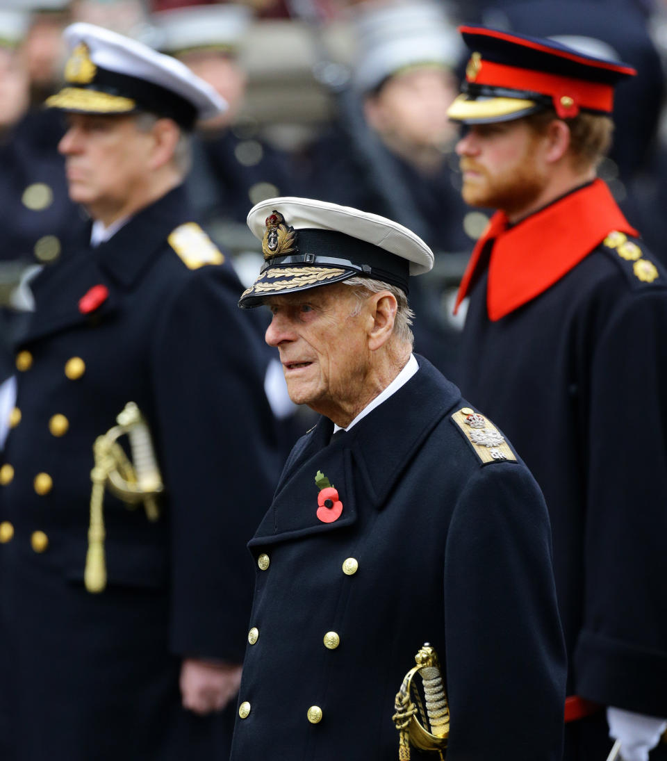 File photo dated 08/11/15 of the Duke of Edinburgh with The Duke of York (left) and Prince Harry (right) during the annual Remembrance Sunday service at the Cenotaph memorial in Whitehall, London. The Duke of Edinburgh has died, Buckingham Palace has announced. Issue date: Friday April 9, 2020.. See PA story DEATH Philip. Photo credit should read: Gareth Fuller/PA Wire