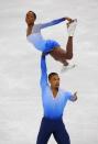 <p>French skaters Vanessa James and Yannick Bonheur performing a lift at the 2010 Winter Olympics in Vancouver in matching purple ombré outfits. </p><p>According to the <a rel="nofollow noopener" href="http://www.isu.org/isu-statutes-constitution-regulations-technical/special-regulations-and-technical-rules/52-2016-special-regulation-sandp-and-ice-dance-and-technical-rules-sandp-and-id-final/file" target="_blank" data-ylk="slk:International Skating Union;elm:context_link;itc:0;sec:content-canvas" class="link ">International Skating Union</a>, 'clothing of the Competitors must be modest, dignified and appropriate for athletic competition – not garish or theatrical in design. Clothing may, however, reflect the character of the music chosen.'</p>