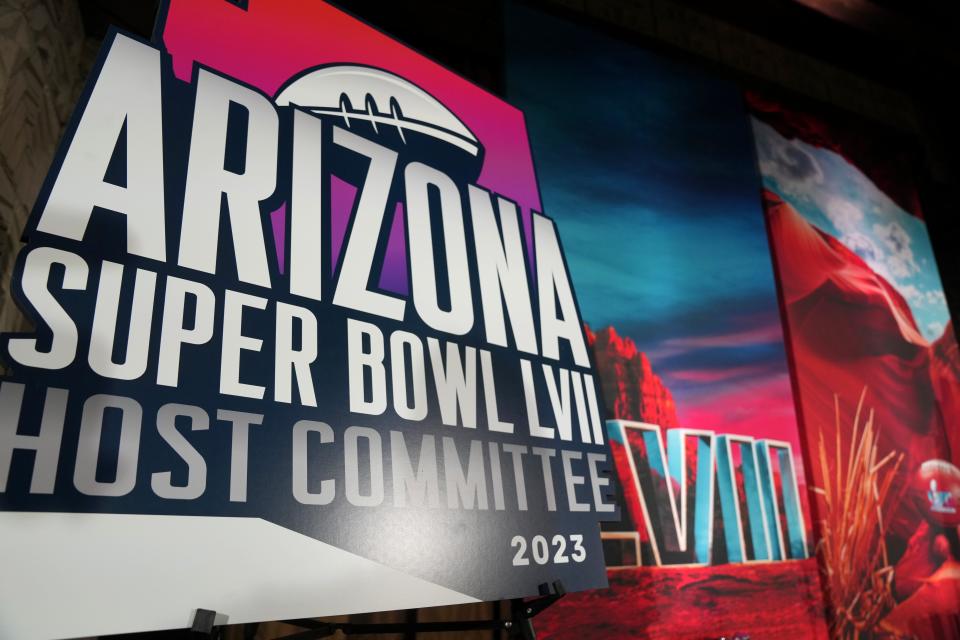 Banners backdrop a news conference for Super Bowl LVII at the Arizona Biltmore on Wednesday, Oct. 26, 2022. 