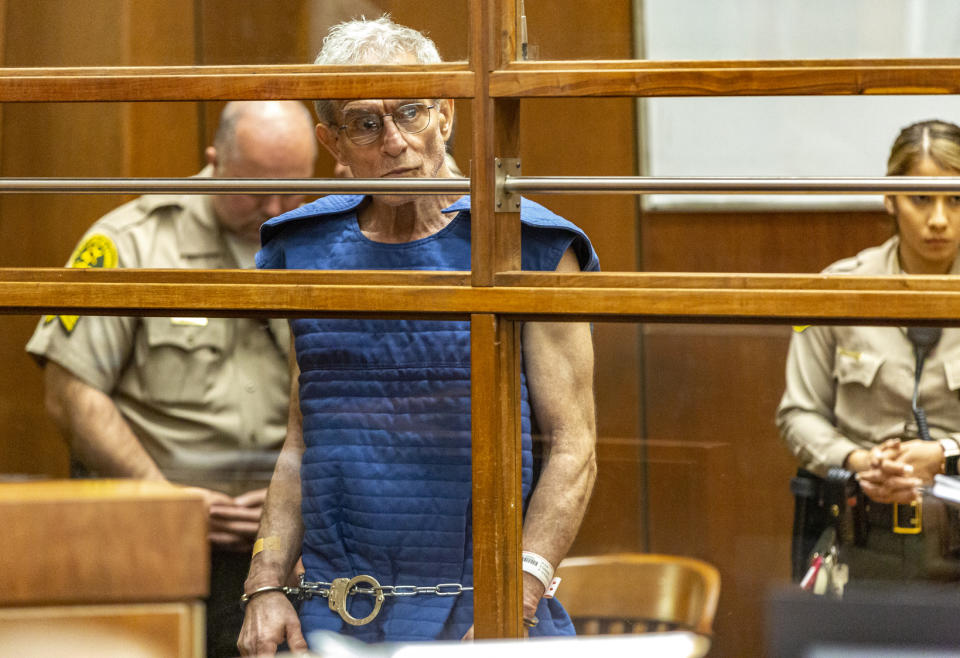 Edward Buck appears in Los Angeles Superior Court, Thursday, Sept. 19, 2019, in Los Angeles. The prominent LGBTQ political activist was arrested Tuesday and charged with operating a drug house and providing methamphetamine to a 37-year-old man who overdosed on Sept. 11, but survived, officials said. Two other men have died in his apartment since 2017. (AP Photo/Damian Dovarganes)