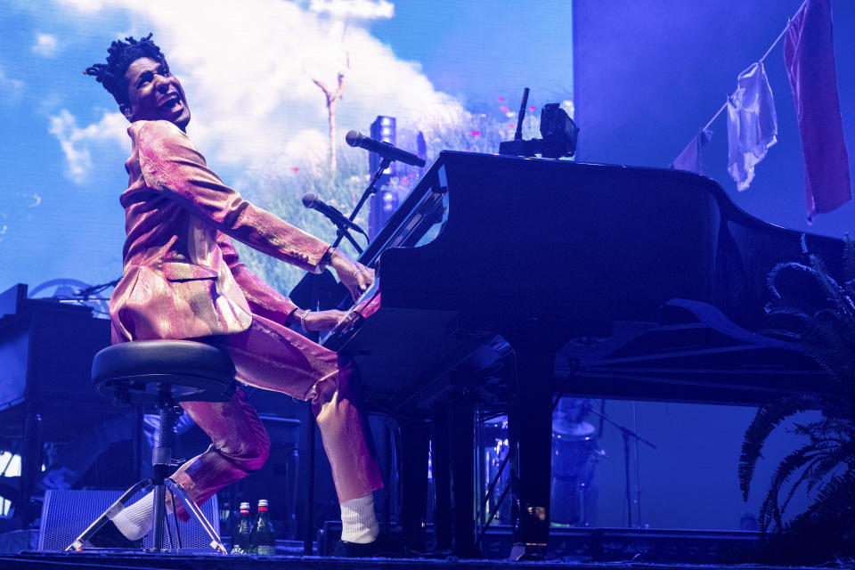 Jon Batiste performs during the the first weekend of the Coachella Valley Music and Arts Festival at the Empire Polo Club on Saturday, April 13, 2024, in Indio, Calif. (Photo by Amy Harris/Invision/AP)