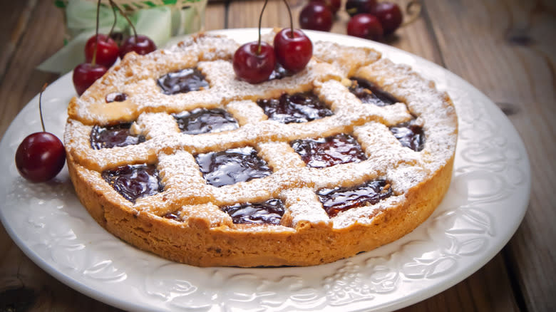 Cherry crostata on white plate