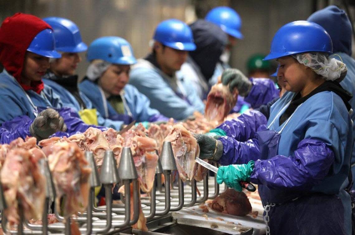 Workers cut poultry at Pitman Family Farms processing plant in Sanger in 2015. Fresno Bee file photo. John Walker/Fresno Bee