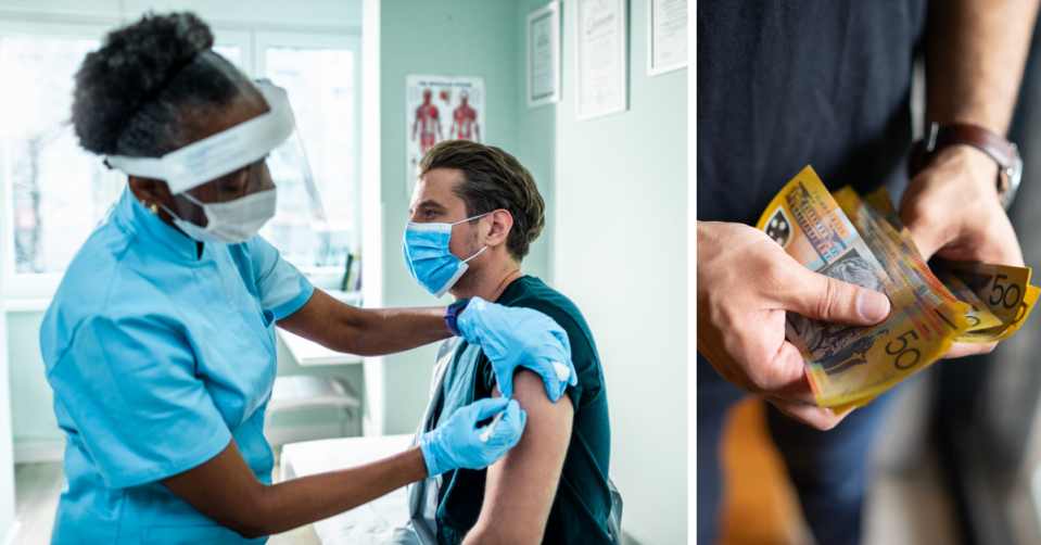 A young man receiving a vaccine injection and a young man holding Australian $50 notes.