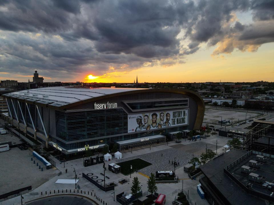 The Fiserv Forum is seen as the sun sets Tuesday, June 22, 2021, in Milwaukee. Game 1 of the NBA Eastern Conference basketball finals between the Milwaukee Bucks and Atlanta Hawks is set to begin Wednesday.