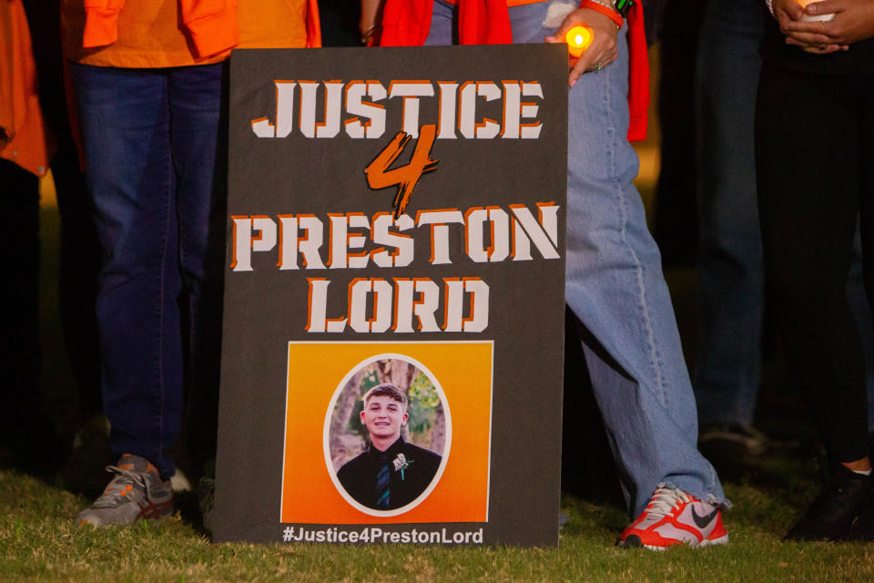 Supporters of Preston Lord gather around the Gilbert Civic Center in a Light the Night walk on March 28, 2024.