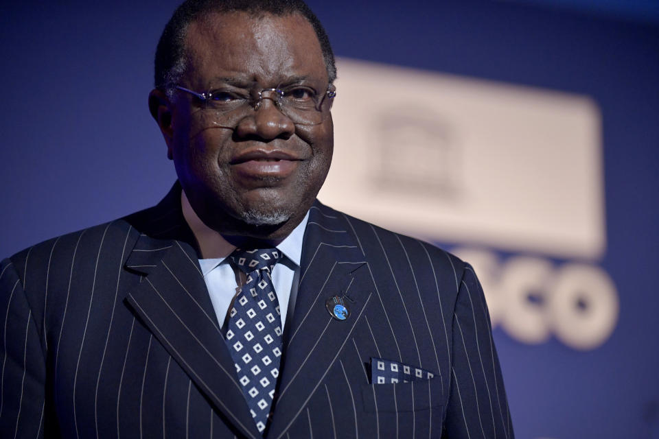 FILE - Namibia's President Hage Geingob returns after delivering a speech during celebrations marking the 75th anniversary of the United Nations Educational, Scientific and Cultural Organization (UNESCO) at the UNESCO headquarters in Paris, on Nov. 12, 2021. Namibian president has died in a hospital where he was receiving treatment, his office said Sunday, Feb. 4, 2024. (Juilen de Rosa/Pool Photo via AP, File)