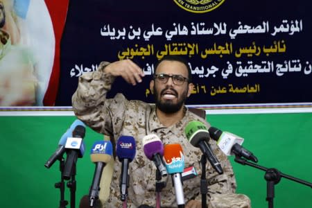 VP of the UAE-backed Southern Transitional Council, Hani Ali bin Buraik, addresses a news conference in Aden