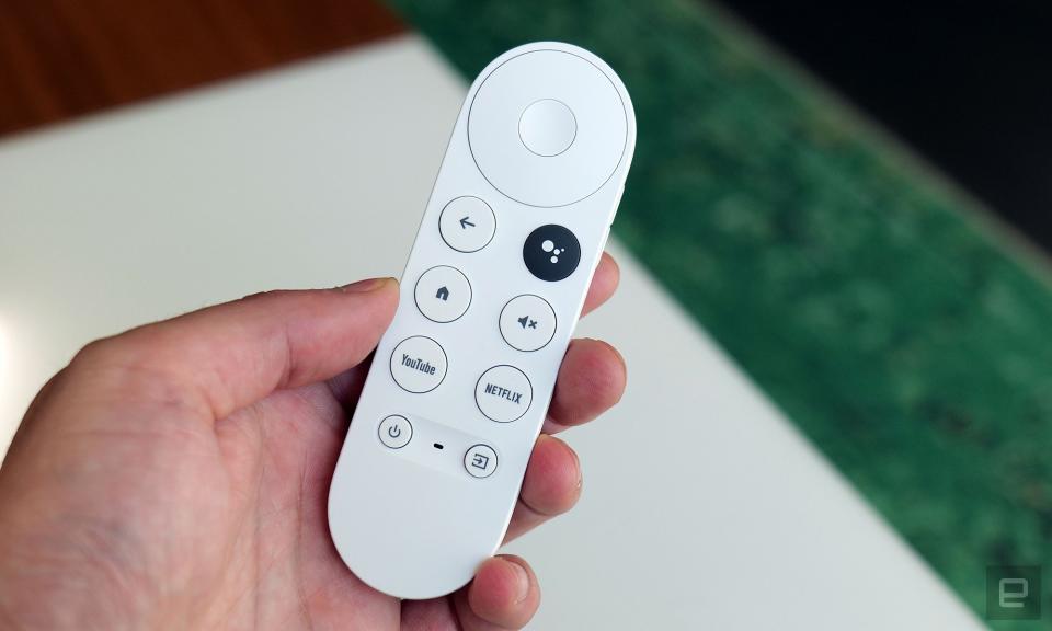 The Chromecast with Google TV's remote is very compact and features a side-mounted volume rocker similar to a smartphone.