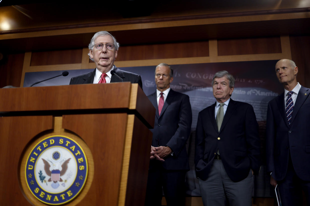 WASHINGTON, DC - AUGUST 02: Senate Minority Leader Mitch McConnell (R-KY) speaks at a news conference following the weekly Senate Republican Caucus Meeting in the U.S. Capitol Building on August 02, 2022 in Washington, DC. During the news conference the Republican Senators spoke on their dismay with the Inflation Reduction Act of 2022. (Photo by Anna Moneymaker/Getty Images)