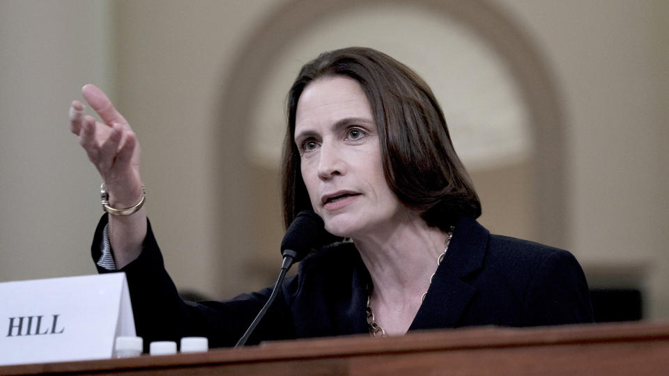 Fiona Hill, former top Russia adviser to the White House, testifies in the impeachment inquiry of President Trump on Nov. 21. (Photo: Bonnie Jo Mount/The Washington Post via Getty Images)