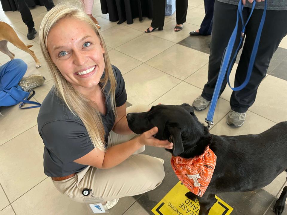 Grace Bennett, associate director of development for Young-Williams Animal Center, puts a pooch through his paces with treats. He collects his petting after sitting pretty at Furrow Automotive Group’s Mercedes-Benz Knoxville after Bennett received a $10,000 donation from the dealership Thursday, July 21, 2022.