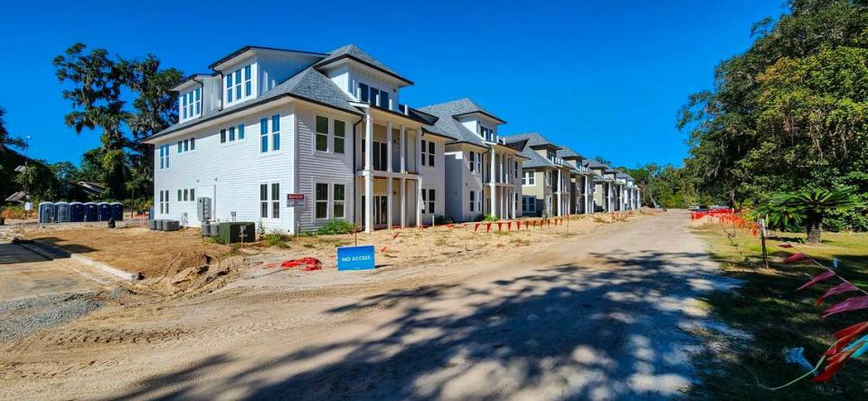 A view of Roberta Lane, a 50-foot wide private road that was exclusively reserved for the lot owners in the Belleview Bluff subdivision located in Beaufort County. The road is routinely used as part of the construction of Integra Wharf at Battery Creek as it constructs 12, three-story apartment buildings.