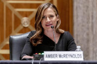 Amber McReynolds, one of the nominees for Postal Service Governors, speaks at a Senate Governmental Affairs Committee hybrid nominations hearing on Capitol Hill, Thursday, April 22, 2021, in Washington. (AP Photo/Andrew Harnik)