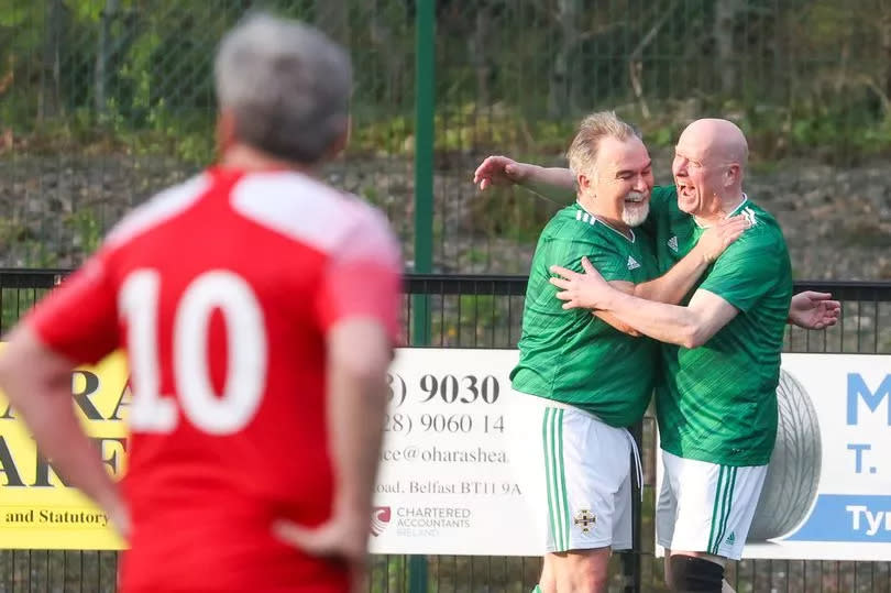 Gerry Goodall celebrates scoring the winning goal for the NI Veterans over 60s team against the Canadian Legends on Thursday