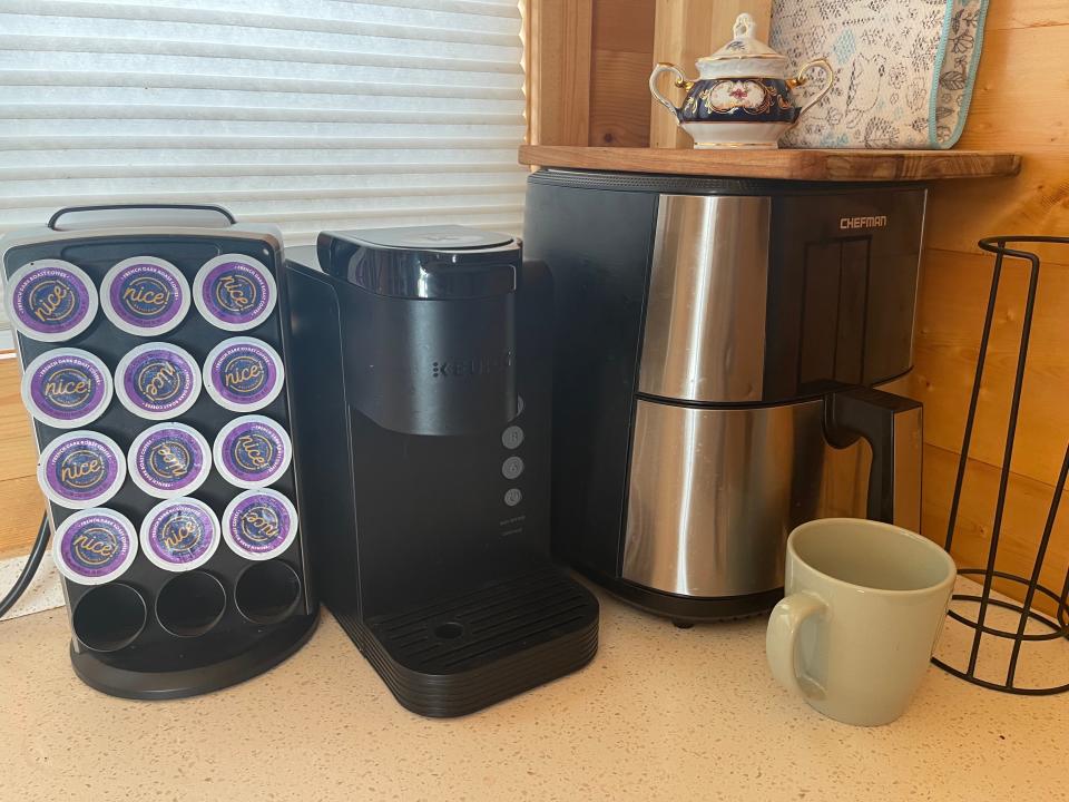 coffee bar area with air fryer in tiny home airbnb near disneyland