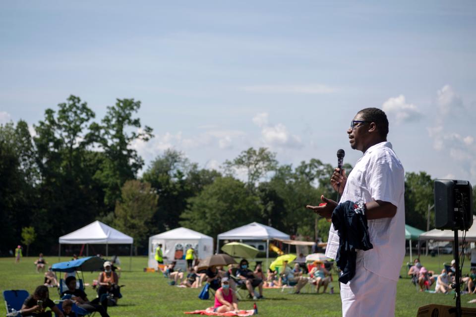 Rev. Sidney Williams Jr., pastor of Bethel AME Church in Morristown, speaks during the Stand Up for Justice Teach-in at Simons Memorial Park in Morris Plains on Saturday, July 25, 2020. 