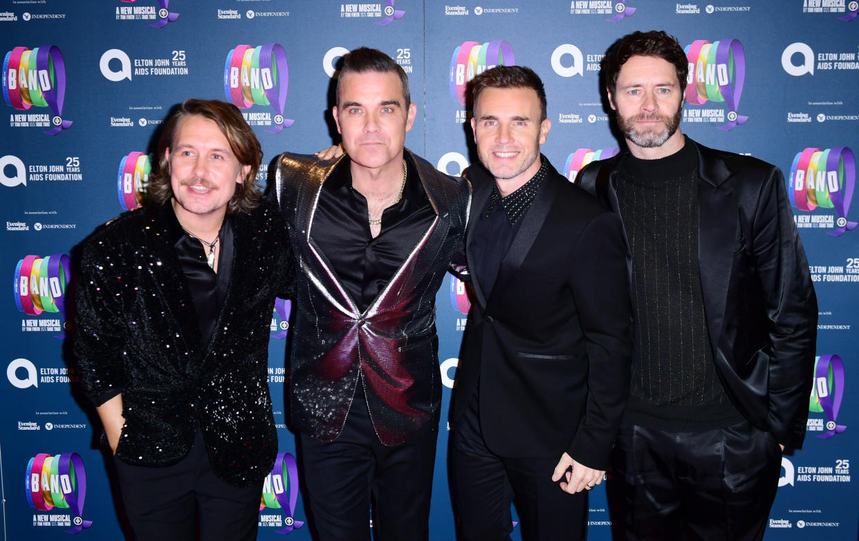 Mark Owen, Robbie Williams, Gary Barlow and Howard Donald of Take That attending 'The Band', in association with the Elton John AIDs Foundation. (Photo by Ian West/PA Images via Getty Images)