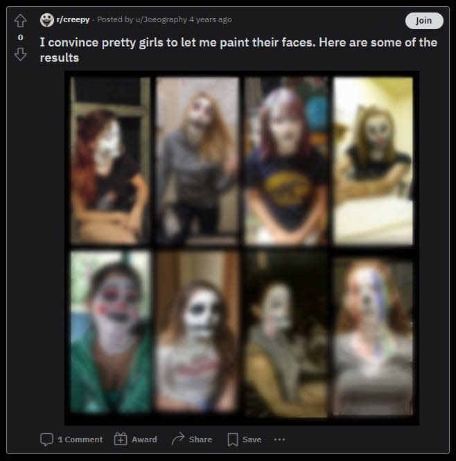 In this Reddit post, Joseph Tokosh shares images of women who's faces he painted. Tokosh was an instructor at the school, but that information isn't listed on his LinkedIn page. Note: The women's faces have been blurred by USA TODAY to protect their identity.