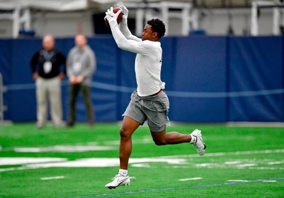 Wide receiver Jahan Dotson makes a catch during Penn State pro day on Thursday, March 24, 2022.