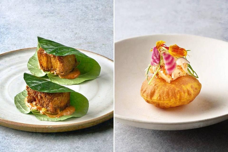 Iberico Crispy Pork Wrapped in Betel Leaf (left). Masala Prawn Kachoori (right).