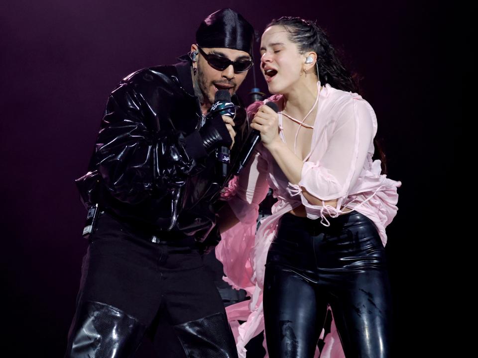 Rauw Alejandro performs with Rosalía at the Coachella Stage during the 2023 Coachella Valley Music and Arts Festival on April 15, 2023 in Indio, California