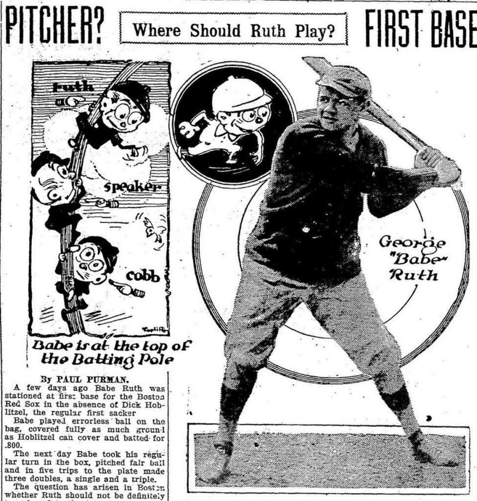 On May 20, 1918, the San Luis Obispo Daily Telegram carried an article debating whether George “Babe” Ruth should be a pitcher or everyday player.