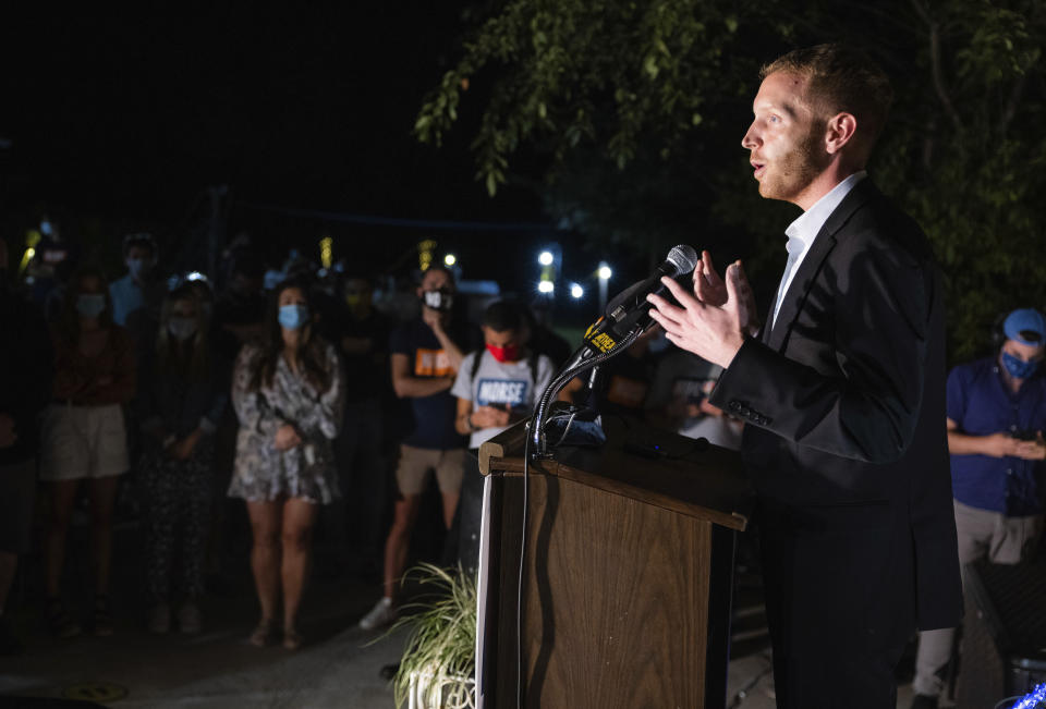 Holyoke Mayor Alex B. Morse speaks at Jay's Bed and Breakfast after his loss to U.S. Rep. Richard E. Neal in the Democratic primary for the First Congressional District, Tuesday, Sept. 1, 2020, in Holyoke, Mass. (Hoang "Leon" Nguyen/The Republican via AP)