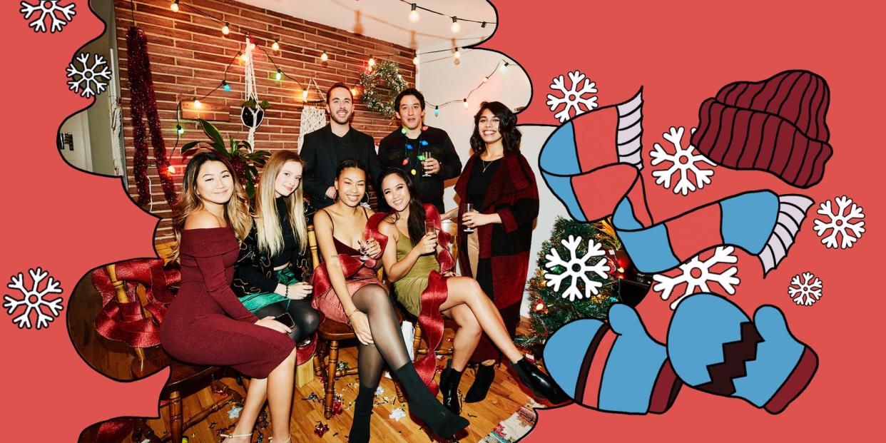 Photo composite of a group of friends at a holiday party next to illustrations of mittens, a scarf, a hat, and snowflakes.