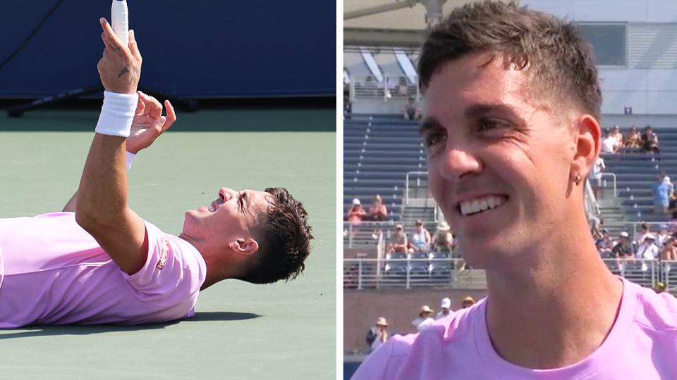 Thanasi Kokkinakis (pictured) caused the biggest upset of the US Open so far by defeating Stefanos Tsitsipas in the first round. (Images: Getty Images/Twitter)