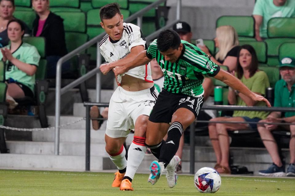 Austin FC defender Nick Lima and FC Dallas' Sam Junqua battle for the ball during the first half of El Tree's 3-0 win at Q2 Stadium. Austin FC led 2-0 at halftime. The club has a short turnaround this week as Houston Dynamo FC visit on Saturday.