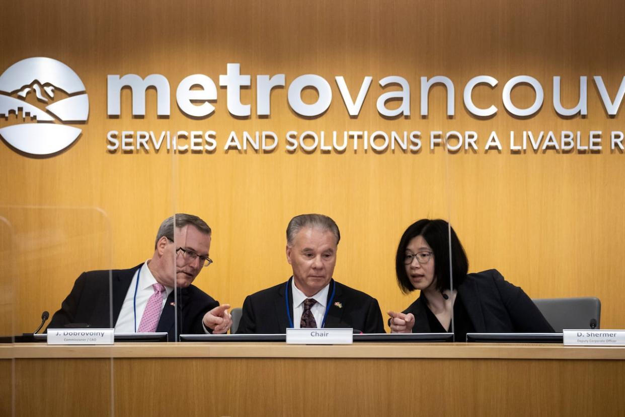 Metro Vancouver board chair George Harvie is pictured during a board of directors meeting in November 2022. Board members are set to vote on additional pay for the regional government's chair and vice-chair. (Ben Nelms/CBC - image credit)