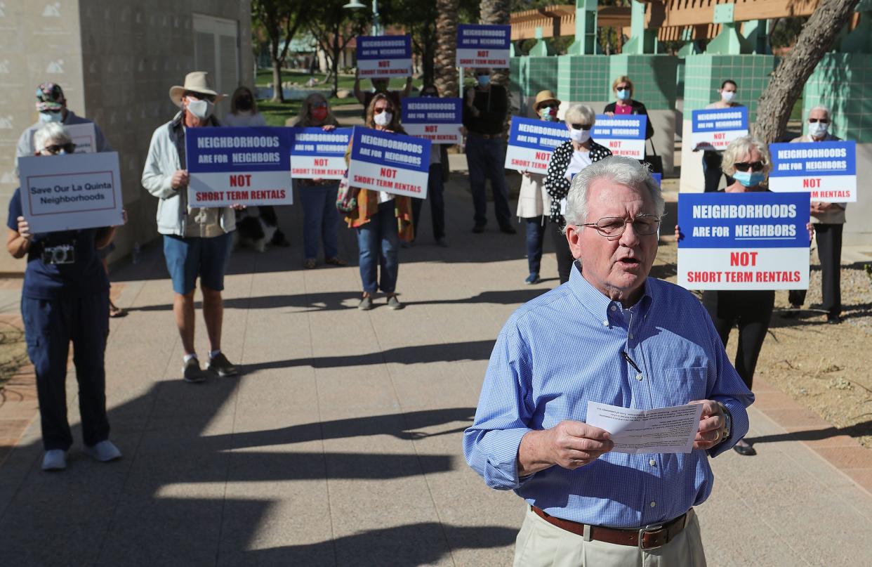 La Quinta Cove resident Jeff Smith speaks out against the proliferation of short-term vacation rentals during a press conference at La Quinta City Hall, on January 12, 2021.