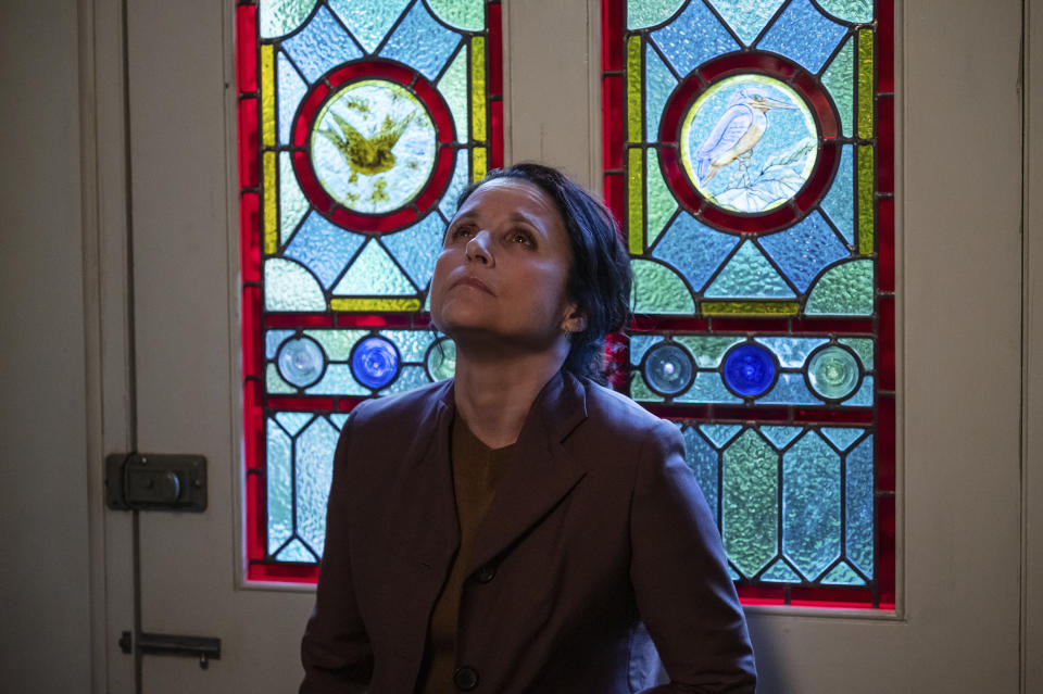 This image released by A24 shows Julia Louis-Dreyfus in a scene from "Tuesday." (Kevin Baker/A24 via AP)