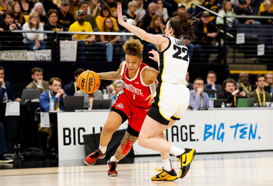 MINNEAPOLIS, MN - MARCH 05: Rikki Harris #1 of the Ohio State Buckeyes drives to the basket while Caitlin Clark #22 of the Iowa Hawkeyes defends in the first half of the championship game of the Big Ten Women's Basketball Tournament at Target Center on March 5, 2023 in Minneapolis, Minnesota. (Photo by David Berding/Getty Images)