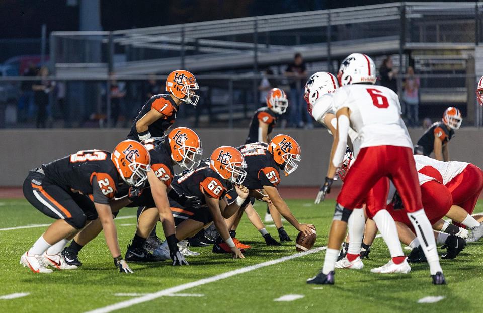 Harbor Creek, at left, and General McLane line up on Oct. 8, 2021, at Paul J. Weitz Stadium in Harborcreek Township. Both football teams are dropping from Class 4A to 3A in for the next two-year enrollment cycle.