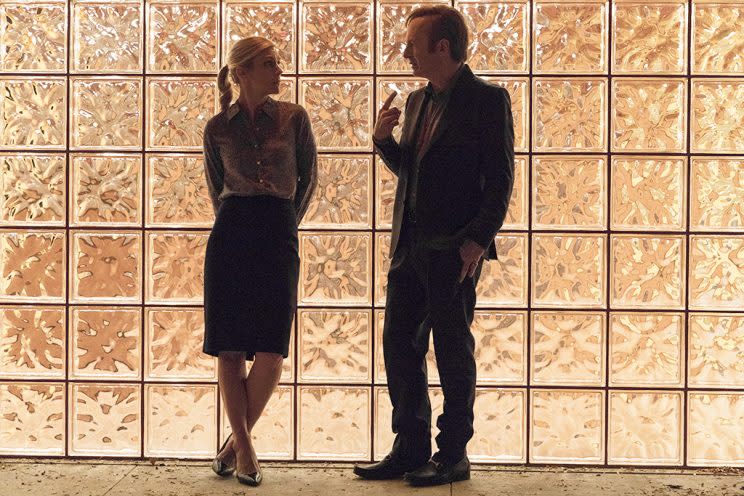 Rhea Seehorn as Kim Wexler, Bob Odenkirk as Jimmy McGill on AMC's Better Call Saul. (Photo: Michele K. Short/AMC)