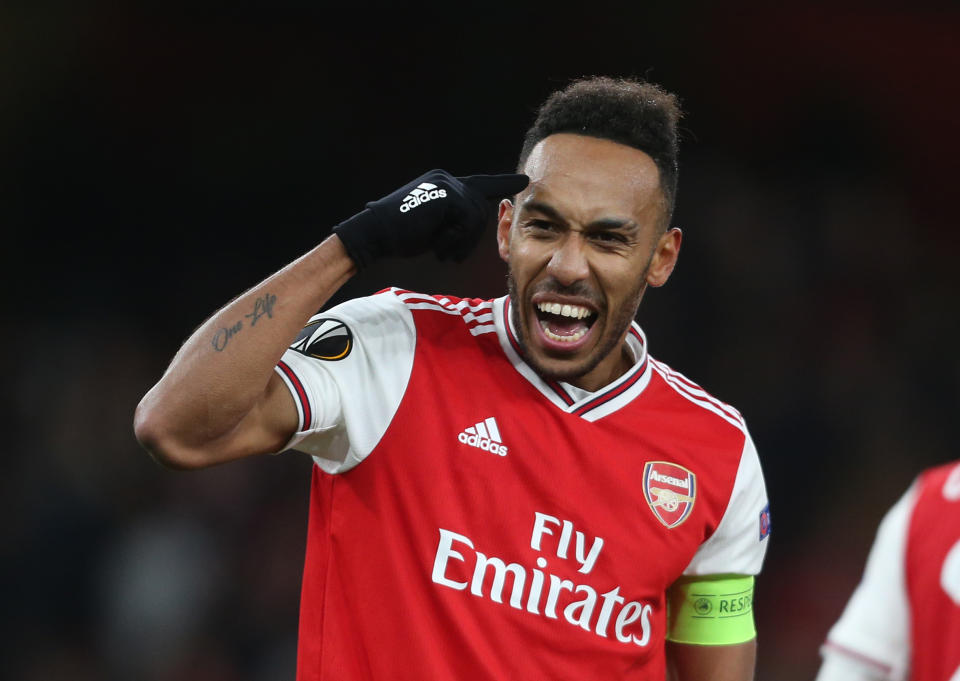 LONDON, ENGLAND - NOVEMBER 28: Arsenal's Pierre-Emerick Aubameyang celebrates scoring his side's first goal during the UEFA Europa League group F match between Arsenal FC and Eintracht Frankfurt at Emirates Stadium on November 28, 2019 in London, United Kingdom. (Photo by Rob Newell - CameraSport via Getty Images)