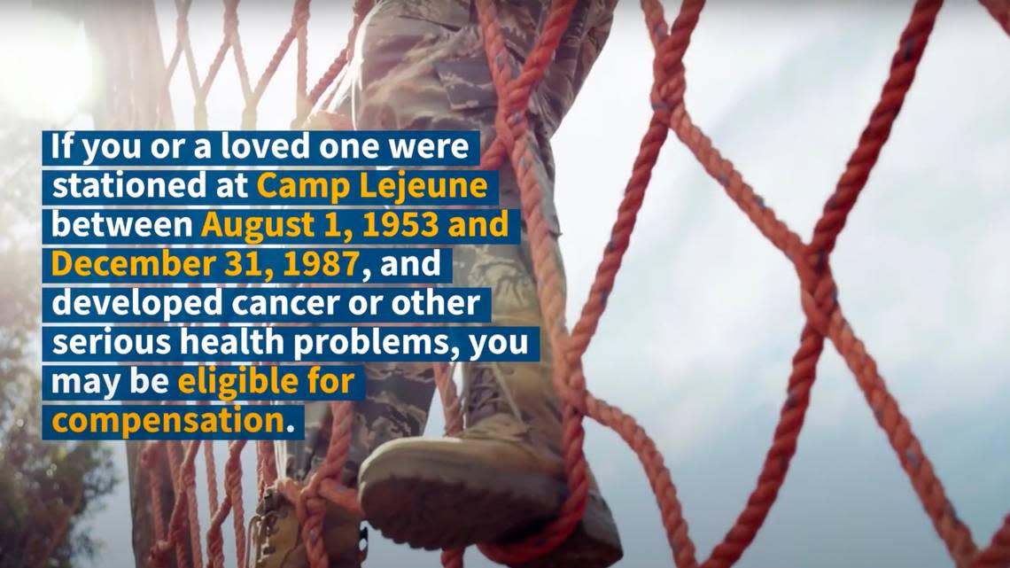 A screenshot from one of the many television commercials and online video ads targeting possible victims of contaminated water at the Camp Lejune Marine Corps base in North Carolina.