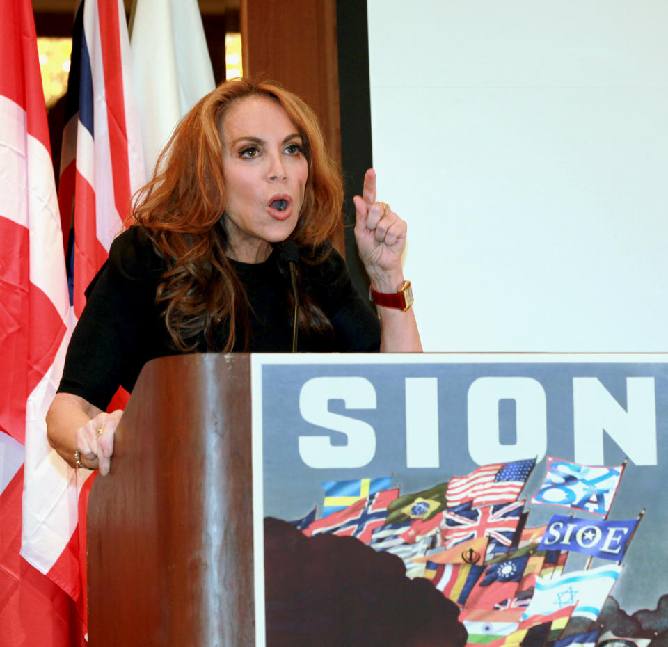 In this Sept. 11, 2012 photo, anti-Islamic blogger Pamela Geller, speaks at a conference she organized entitled; “Stop Islamization of America,” in New York. An advertising campaign initiated by Geller’s group, “The American Freedom Defense Initiative,” will have its ads that equate foes of Israel with “savages” appearing in 10 New York City subway stations after a federal judge ordered the Metropolitan Transportation Authority to put them up. (AP Photo/David Karp)