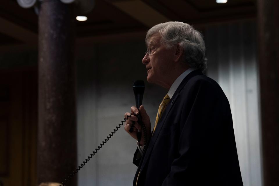 Sen. Todd Gardenhire, R- Chattanooga, speaks during a Senate session at the Tennessee state Capitol in Nashville, Tenn., Monday, March 18, 2024.