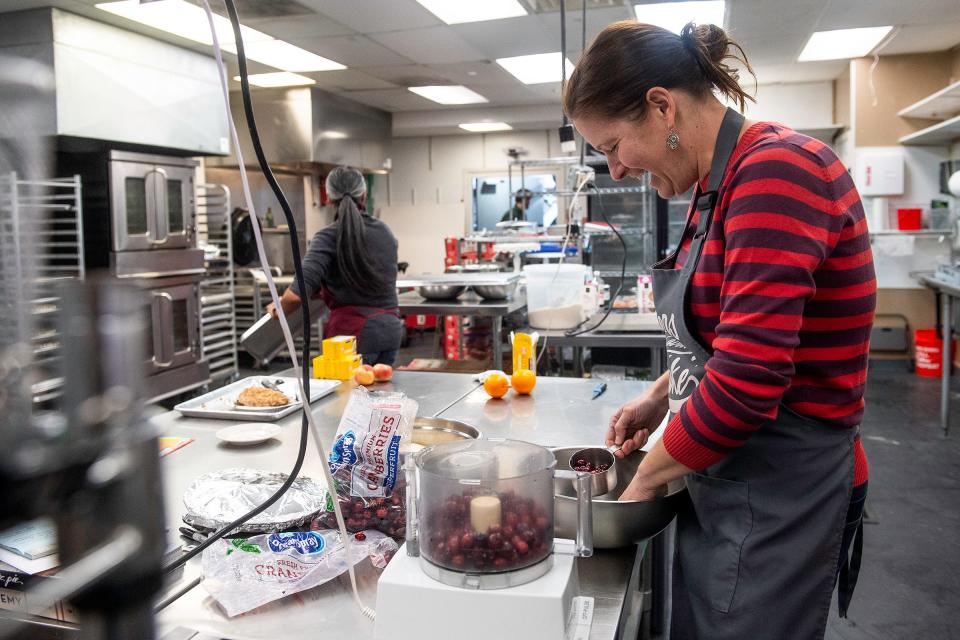 Erin Margenau preps pie fillings at her shop in Fort Collins Tuesday.